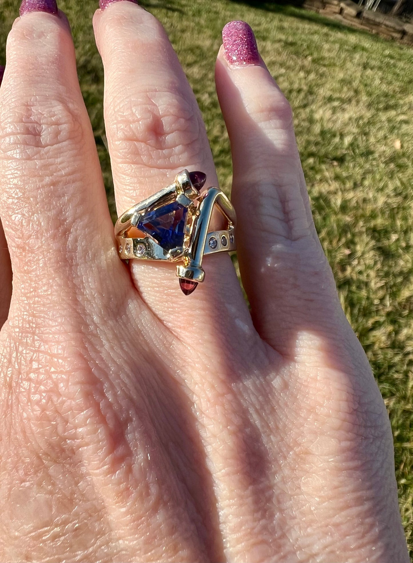 Tanzanite, Garnet and Diamond Ring