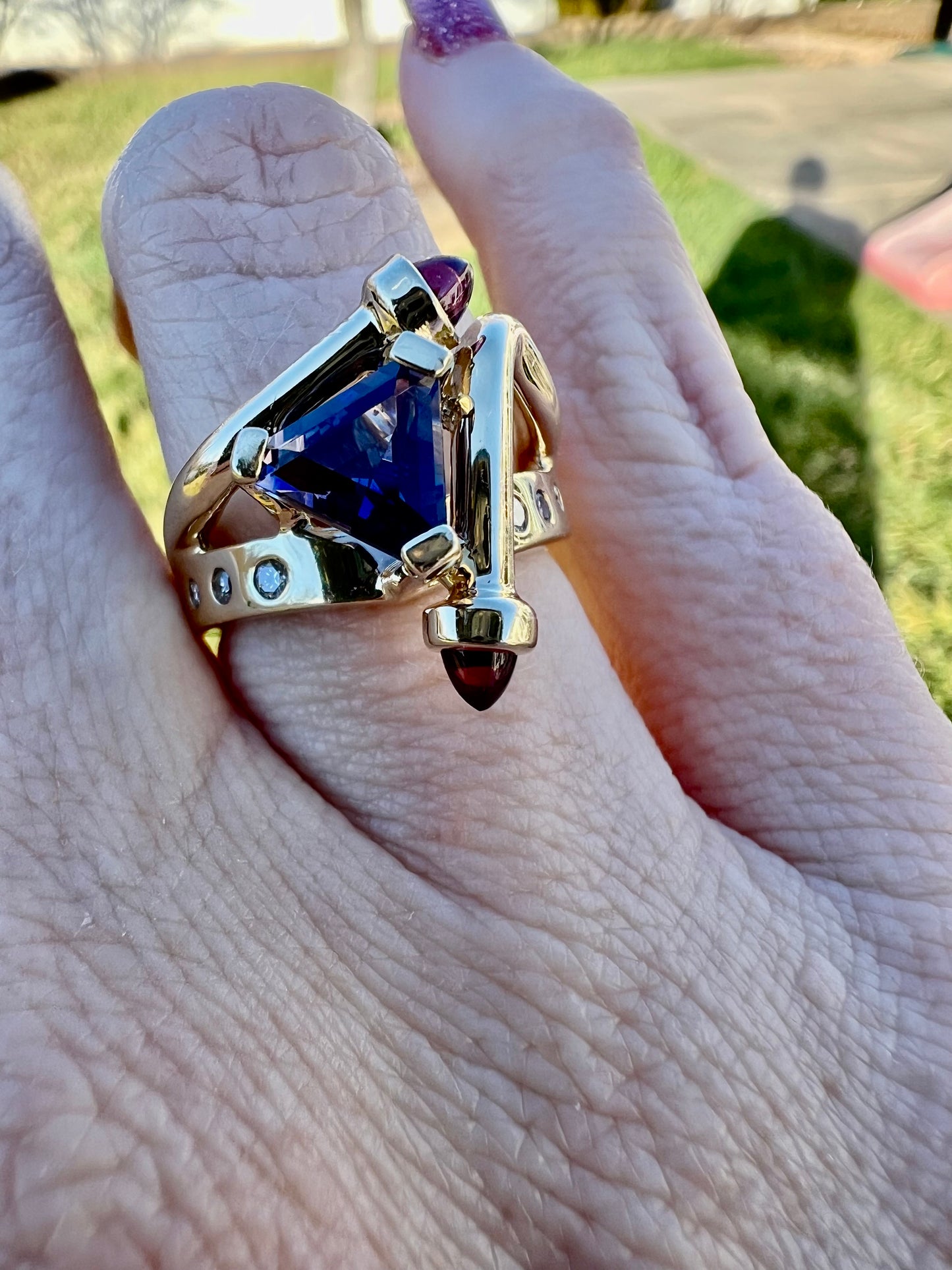 Tanzanite, Garnet and Diamond Ring